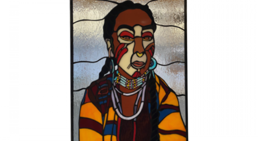 A stained glass portrait of an Indigenous person in traditional dress.