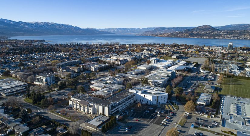 Aerial image of the Kelowna campus with Okanagan Lake in the background