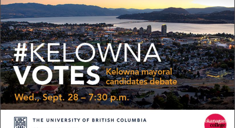 Text of "Kelowna votes" overtop of a lakeview image of the city